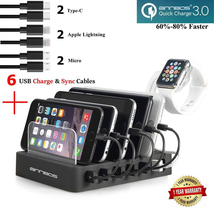 AnnBos Fastest Charging Station with 6 USB Cables, QC 3.0,Type C,iWatch Holder,COSOOS 6-Port USB Quick Charging Stand,Docking Station Organizer Hub