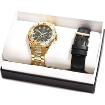 Đồng hồ GUESS Mens U10514g2 Gold Tone Multifunction Watch Set Black Leather Band