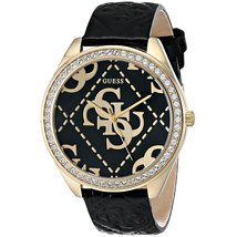 Đồng hồ GUESS Women's U0473L2 Black & Gold-Tone Iconic Logo Watch with Genuine Crystals & Logo Embossed Patent Leather Strap