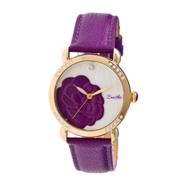 Bertha Daphne Flower Engraved Mother of Pearl Dial Purple Leather Ladies Watch BR4606