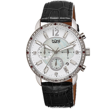 Burgi Crystal Chronograph Black Leather Mother of Pearl Dial Ladies Watch BUR089BK
