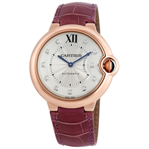Cartier Ballon Bleu Silver Dial 18kt Rose Gold Purple Leather Unisex Watch WE902028