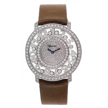 Chopard Happy Diamonds Pave Dial 18kt White Gold Brown Leather Ladies Watch 207227-1001