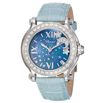 Chopard Happy Sport Blue MOP Dial Blue Leather Floating Diamond Moon Ladies Watch 278475-2001