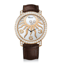Chopard Happy Sun Diamond 18 kt Rose Gold Sun Brown Leather Ladies Watch 207470-5007