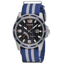 Citizen PRT Eco-Drive Power Reserve Black Dial Men's Two Tone Nylon Strap Watch AW7038-04L
