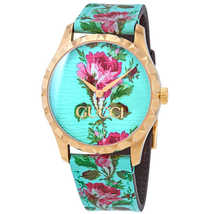 Gucci G-Timeless Aqua Floral Print Dial Ladies Leather Watch YA1264085