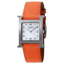 Hermes H White Dial Orange Leather Ladies Watch 036794WW00