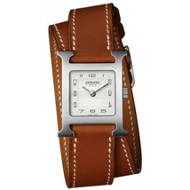 Hermes H Hour White Dial Ladies Small Double Tour Leather Watch 036712WW00