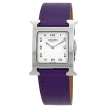 Hermes H Hour White Glazed Dial Ladies Purple Leather Watch 036797WW00