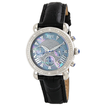 JBW Victory Blue Mother of Pearl Chronograph Dial Diamond Steel Case Black Leather Strap Ladies Watch JB-6210L-C