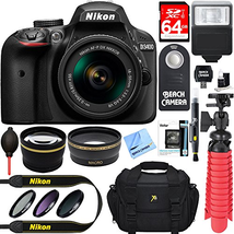 Nikon D3400 24.2 MP DSLR Camera + AF-P DX 18-55mm VR NIKKOR Lens Kit + Accessory Bundle 64GB SDXC Memory + SLR Photo Bag + Wide Angle Lens + 2x Telephoto Lens + Flash + Remote + Tripod+Filters (Black)