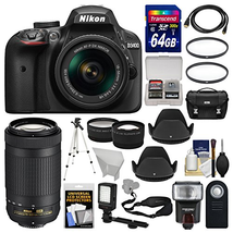 Nikon D3400 Digital SLR Camera & 18-55mm VR & 70-300mm DX AF-P Lenses with 64GB Card + Case + Flash + LED Video Light + Tripod + Tele/Wide Lens Kit