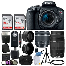 Canon EOS Rebel T7i Digital SLR Camera + EF-S 18-55mm IS STM Lens + EF 75-300mm III Lens + 64GB Memory Card + Slave Flash + Quality Tripod + Camera Bag + Wireless Remote + Deluxe Accessory Bundle