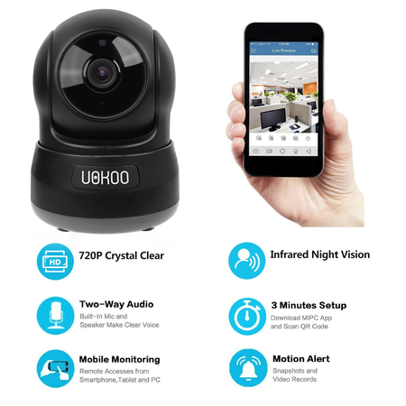 Wireless Security Camera, UOKOO 720P HD Home WiFi Wireless Security Surveillance Camera with Motion Detection Pan/Tilt, 2 Way Audio and Night Vision Baby Monitor, Nanny Cam (632black)