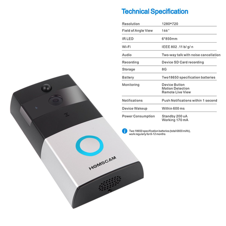 Video Doorbell, HOMSCAM Wireless Door Bell Smart WiFi Camera Video Doorbell Security Camera with PIR Motion Detection 720P HD, Real-Time Two-Way Talk and Video, Night Vision ( Built-in 8G Card )