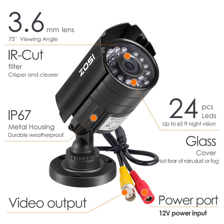 ZOSI HD 800TVL 24PCS IR-LEDs 3.6mm lens with IR Cut CCTV Camera Home Security Day/Night Waterproof Camera- 65ft(20m)