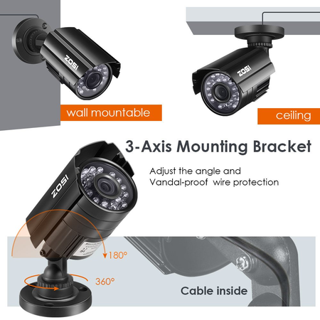 ZOSI HD 800TVL 24PCS IR-LEDs 3.6mm lens with IR Cut CCTV Camera Home Security Day/Night Waterproof Camera- 65ft(20m)