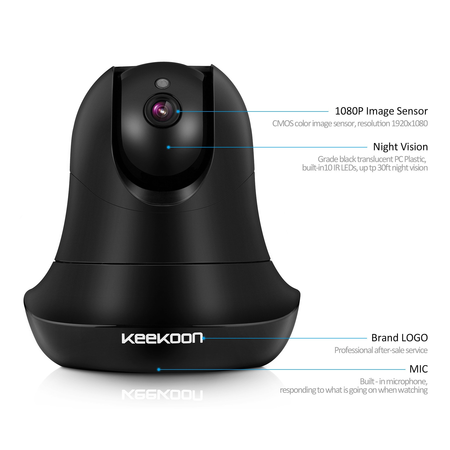 KEEKOON HD 1080P IP Camera Wireless WiFi Baby Pet Monitor Plug/Play Pan/Tilt 2-Way Audio Night Vision Home Security Surveillance Camera (Black)