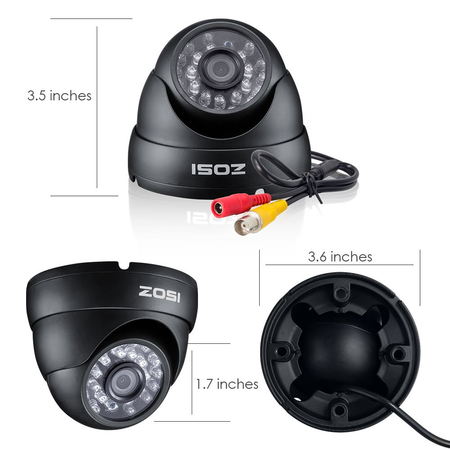 ZOSI HD 1000TVL Surveillance Security Camera Day Night Vision 24 IR Leds Weatherproof Wide Angle 3.6mm Lens Metal Dome Video CCTV Camera