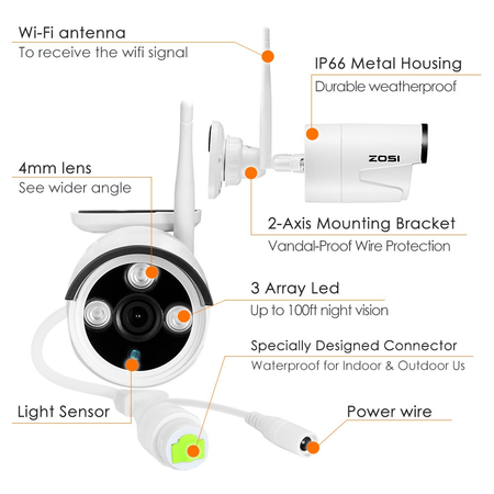 ZOSI 960P AUTO-PAIR WIRELESS SYSTEM 8Channel 960P(1280x960) NVR Kit 1.3 Megapixel IP Camera Network Video Security System Weatherproof Bullet Cameras 2TB Hard disk (100ft Night Vision , Motion Detect)