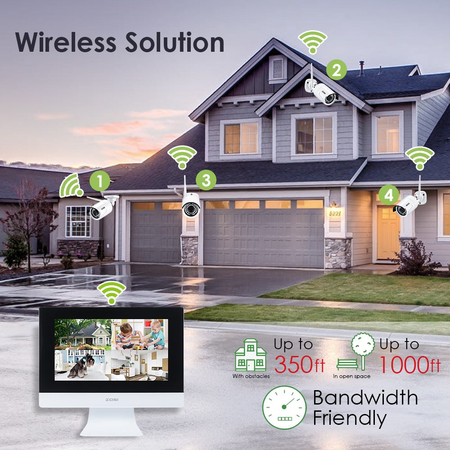 ZOSI 4CH All-in-One 960P WIFI NVR with 10” LCD Monitor Wireless Security Camera System with 4 Waterproof Indoor Outdoor 100ft Night Vision Video Surveillance Camera Plug and Play 500G Hard Drive