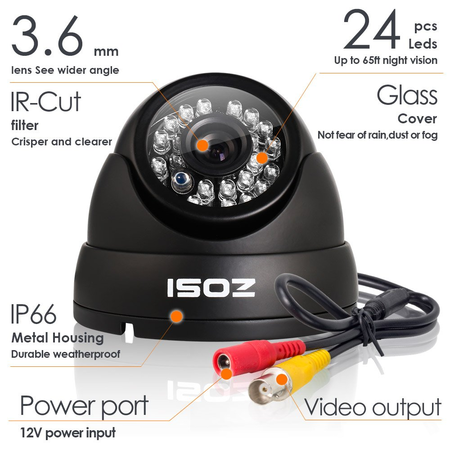 ZOSI HD 1000TVL Surveillance Security Camera Day Night Vision 24 IR Leds Weatherproof Wide Angle 3.6mm Lens Metal Dome Video CCTV Camera