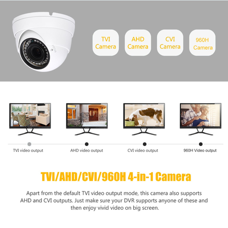 Hykamic Analog CCTV Camera HD 1080P 4-in-1 (TVI/AHD/CVI/CVBS) Security Dome Camera, 2.8mm-12mm Varifocal Lens, True Day & Night Monitoring IP66 (White)