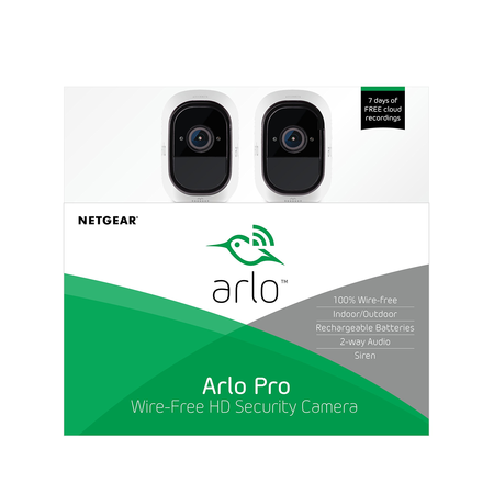 Arlo Pro by NETGEAR Security System with Siren – 2 Rechargeable Wire-Free HD Cameras with Audio, Indoor/Outdoor, Night Vision (VMS4230)