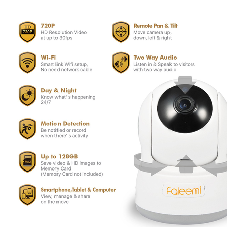 Faleemi 720P Pan/Tilt Wireless WiFi IP Camera, Home Security Surveillance Video Camera with Two Way Audio, Night Vision for Baby/Elder/Pet/Nanny/Office Monitor FSC776W (White)