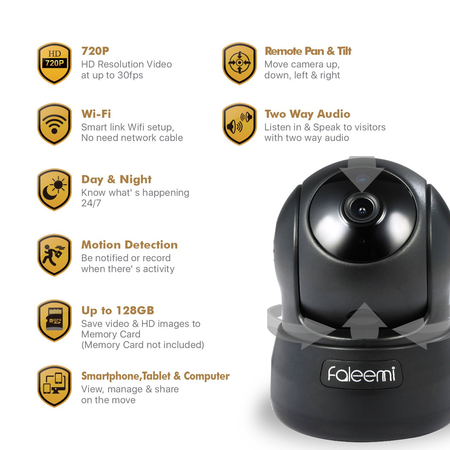 Faleemi 720P Pan/Tilt Wireless WiFi IP Camera, Home Security Surveillance Video Camera (Black)
