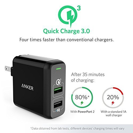 Anker Quick Charge 3.0 31.5W Dual USB Wall Charger, PowerPort 2 for Galaxy S7 / S6 / Edge / Plus, Note 5 / 4 and PowerIQ for iPhone X/8 /7 /6s / Plus, iPad Pro / Air 2 / mini, LG, Nexus, HTC and More