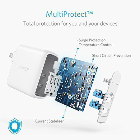 Anker Elite Dual Port 24W USB Travel Wall Charger PowerPort 2 with PowerIQ and Foldable Plug, for iPhone X / 8 / 7 / 7 Plus / 6s / 6s Plus, iPad Pro / Air 2 / mini 3 / mini 4, Samsung S4/ S5, and More