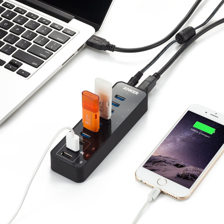 Anker 10 Port 60W Data Hub with 7 USB 3.0 Ports and 3 PowerIQ Charging Ports for Macbook, Mac Pro / mini, iMac, XPS, Surface Pro, iPhone 7, 6s Plus, iPad Air 2, Galaxy Series, Mobile HDD, and More