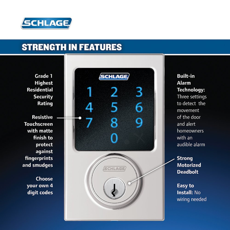 Schlage Z-Wave Connect Century Touchscreen Deadbolt with Built-In Alarm, Works with Amazon Alexa via SmartThings, Wink or Iris,  Bright Chrome, BE469 CEN 625