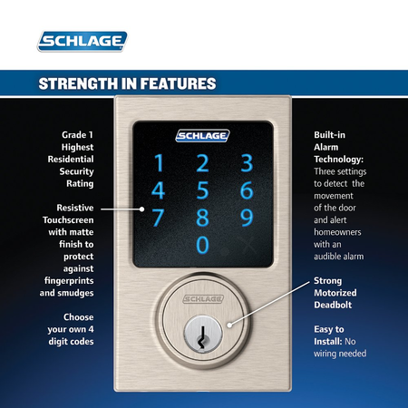 Schlage Z-Wave Connect Century Touchscreen Deadbolt with Built-In Alarm, Works with Amazon Alexa via SmartThings, Wink or Iris,  Satin Nickel, BE469 CEN 619