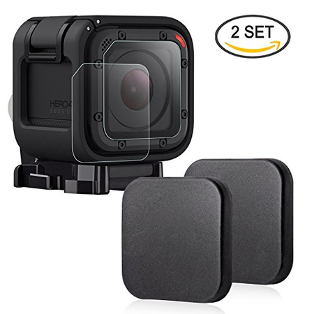 Hapurs Sports Camera Lens Cap and Lens Screen Protector, 2 Pack Protective Lens Cover Case and 2 Pack Anti-scratch Water-proof Tempered Glass Screen Protector for Gopro Hero 4 Session and 5 Session