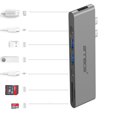 USB-C Hub AnnBos 7-in-1 Type C Hub with HDMI Port, USBC Charging Port, 2 USB 3.0 and 1 USB 2.0 Ports, SD/TF Card Reader (Grey)