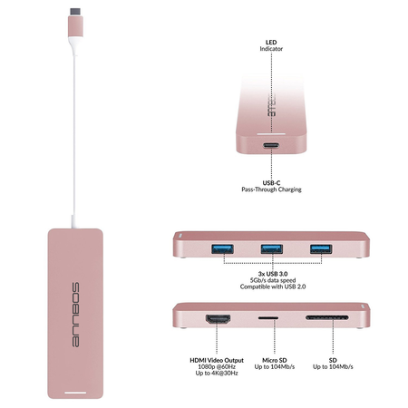 ANNBOS USB C Hub with 4K HDMI and 4 USB Ports(USB 3 x 3 + USB C)- Rose Gold