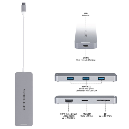 ANNBOS USB C Hub with 4K HDMI and 4 USB Ports(USB 3 x 3 + USB C)- Silver