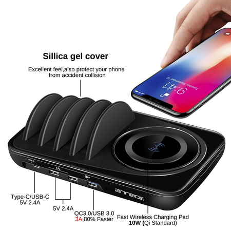AnnBos Wireless Charger Dock,10W Multiple Devices Charging Station Organizer with Qi Cordless Charge Pad,USB Hub Stand Docking