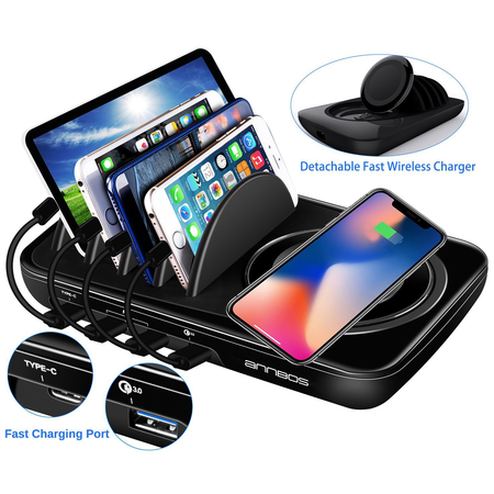 AnnBos Wireless Charger Dock,10W Multiple Devices Charging Station Organizer with Qi Cordless Charge Pad,USB Hub Stand Docking