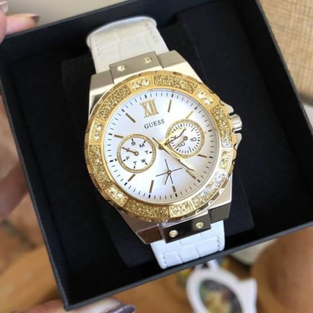 Đồng hồ GUESS Women's Stainless Steel Genuine Leather Crystal Accented Watch
