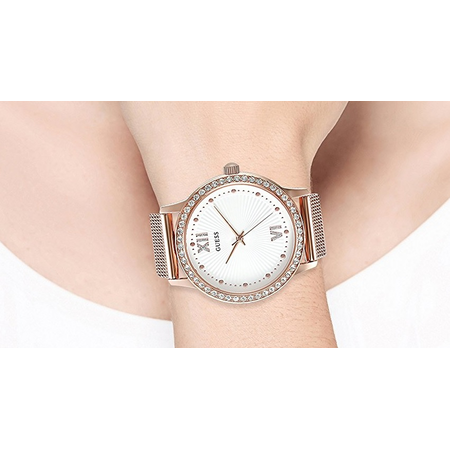 Đồng hồ GUESS Women's Dressy Watch with White Dial , Crystal-Accented Bezel and Mesh G-Link Band