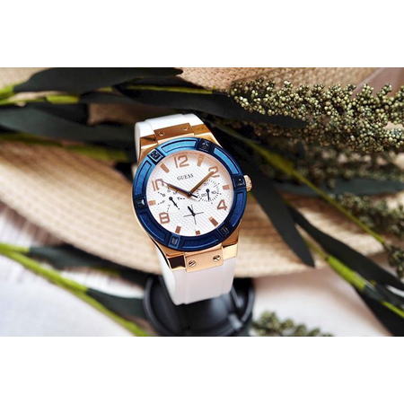 Đồng hồ GUESS Women's U0564L1 Sporty Rose Gold-Tone Stainless Steel Watch with Multi-function Dial and White Strap Buckle