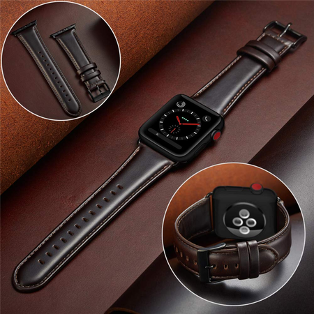 Dây da OUHENG cho đồng hồ Apple Watch Band 42mm 44mm, Brownish Black Band with Black Adapter