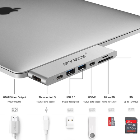 USB-C Hub AnnBos 7-in-1 Type C Hub A028KH7 (Silver)