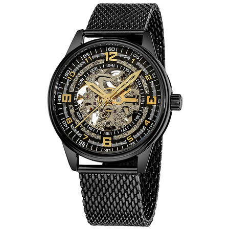 Akribos XXIV Akribos Automatic Skeleton Dial Black Ion-plated Stainless Steel Mesh Men's Watch AK446BK