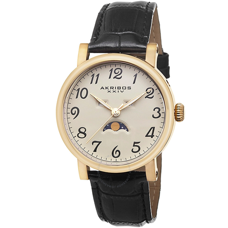 Akribos XXIV Akribos Cream Dial Gold Tone Stainless Steel Black Leather Men's Watch AK633YG