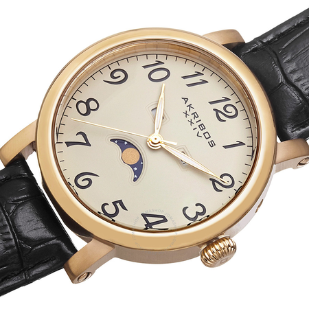 Akribos XXIV Akribos Cream Dial Gold Tone Stainless Steel Black Leather Men's Watch AK633YG